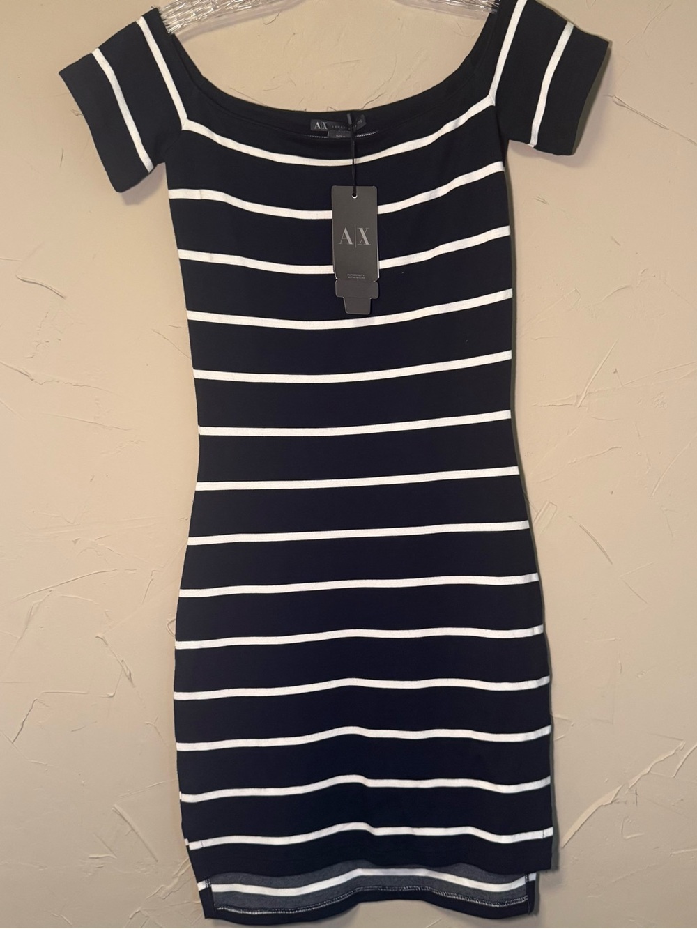 NWT A/X Armani Exchange Off Shoulder Navy & White Striped Bodycon Dress Size XXS